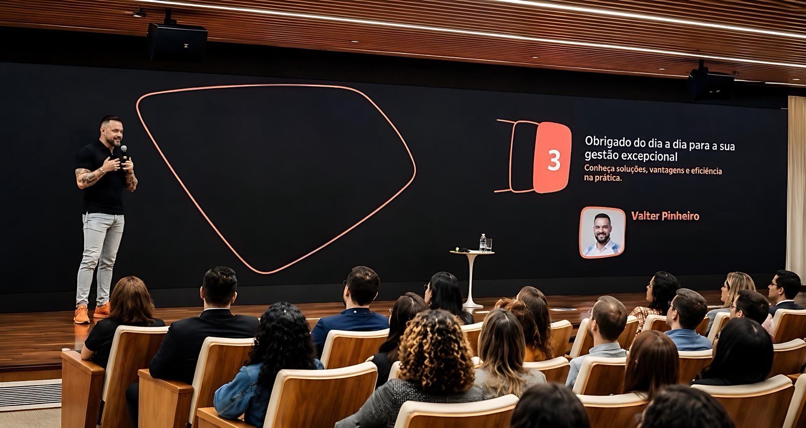 Vista do fundo do auditório durante a palestra, com a plateia sentada e Valter Pinheiro no palco