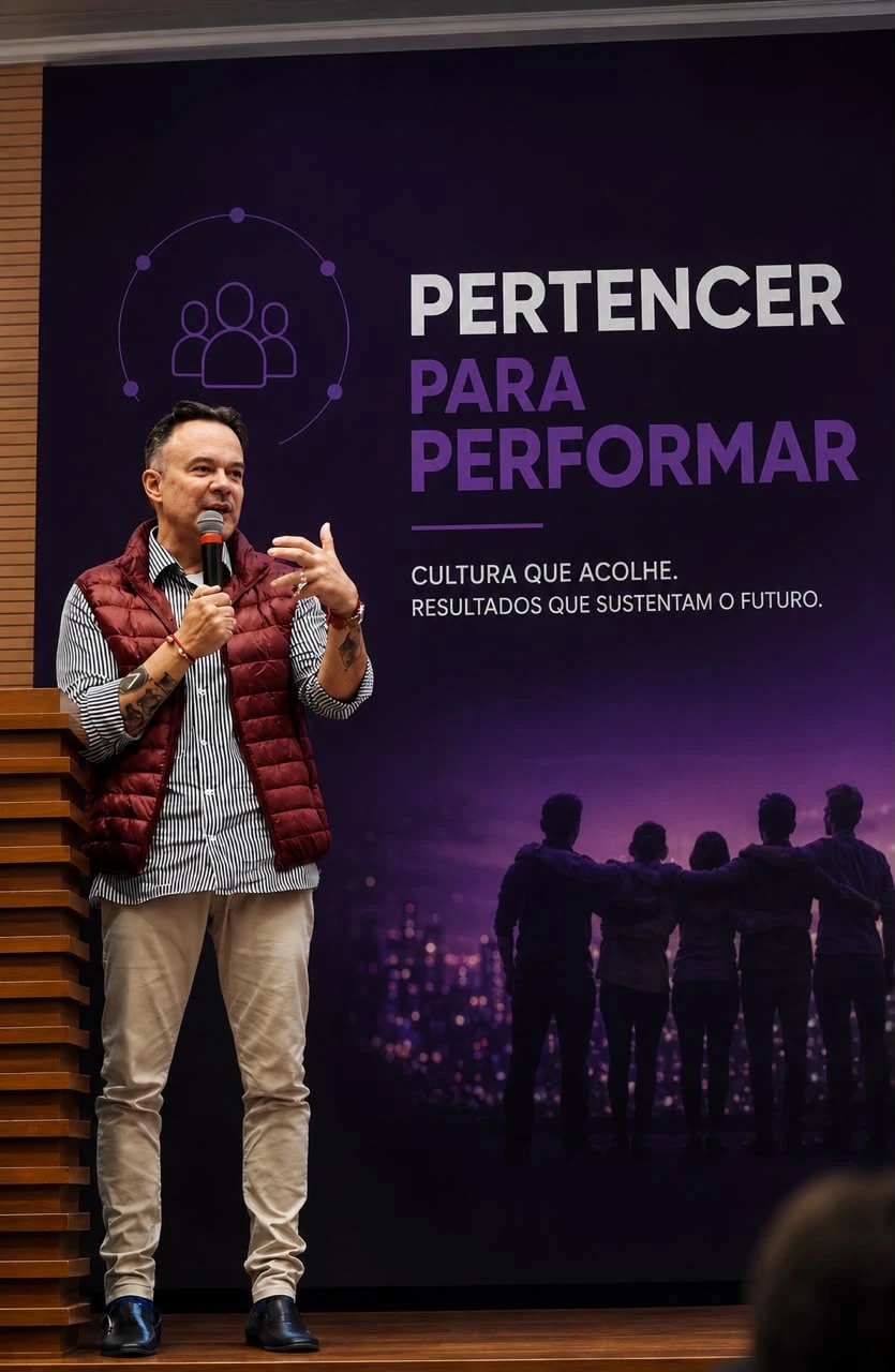 Valter Pinheiro palestrando com o painel Pertencer para Performar ao fundo